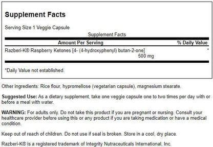 Swanson Maximum Strength Razberi-K 500 Milligrams 60 Veg Capsules
