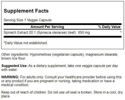 Swanson Spinach Leaf Extract - Herbal Supplement Promoting Overall Health - Green Foods Formula w/Beneficial Thylakoids & Chlorophyll - (60 Veggie Capsules, 650mg Each)