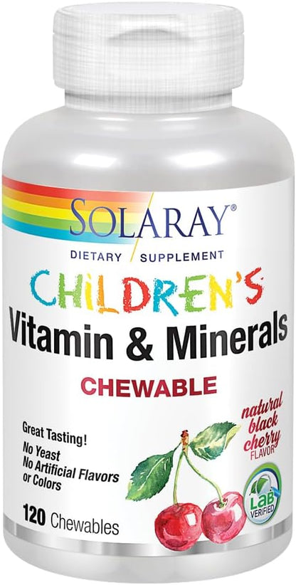 SOLARAY Childrens Vitamins & Minerals Complete Multivitamin for Kids Great Black Cherry Flavor (076280047974) (120 Chews, 60 Serv)
