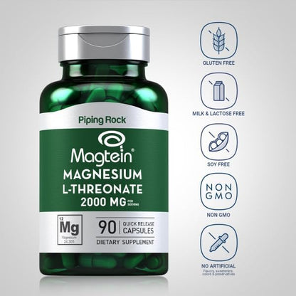 Piping Rock Magnesium L-Threonate | 2000mg | 90 Capsules | with Magtein | Non-GMO, Gluten Free Supplement