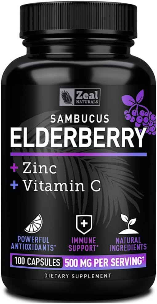 Zeal Naturals Max Strength Elderberry Capsules + Zinc + Vitamin C | 500mg for Immune System Support with Black Sambucus Elderberry | 100 Count | 3-in-1 Immune Support for Adults