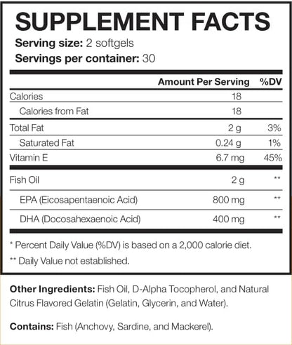 Omega 3 Fish Oil Supplement - 60 Soft Gels - 1200 mg Omega-3 - with EPA and DHA - 30 Servings