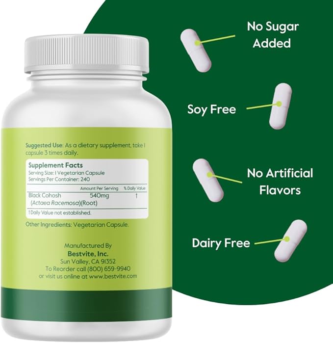 BESTVITE Black Cohosh 540mg (240 Vegetarian Capsules) - No Stearates - No Fillers - Vegan - Non GMO - Gluten Free