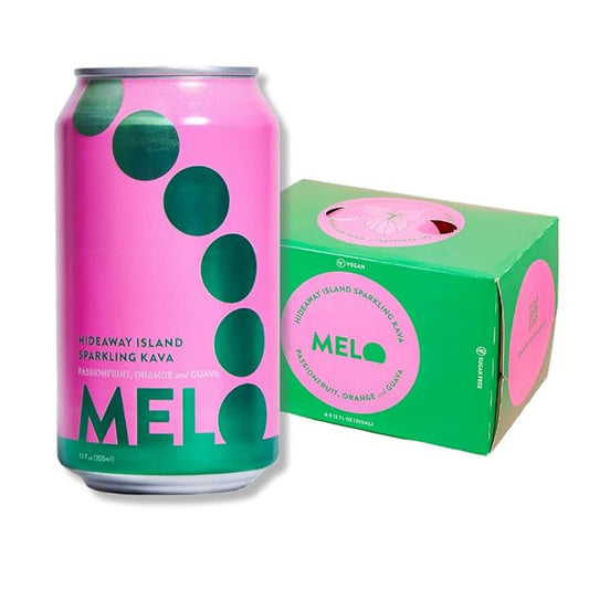 Melo Sparkling Kava Drink, Passionfruit, Orange & Guava, Sugar Free Non Alcoholic Drinks with Zero Calories, Gluten Free, Vegan, 100% Natural Mocktail with 100mg Kava Root per Drink, 6 Pack, 12 oz Cans