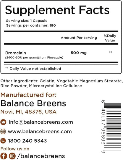 Balancebreens Bromelain 500mg, 180 Capsules - Pineapple Extract Digestive Enzyme, Supports Digestion and Joint Health Supplement