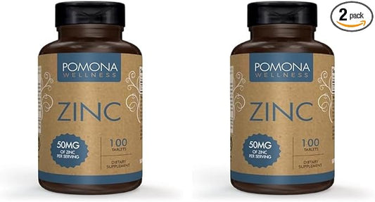 Pomona Wellness Zinc Supplements for Adults, 50mg, Skin Health and Immune Support, Easy to Swallow, for Antioxidant and Overall Health, Vegan, Non-GMO, 100 Tablets (Pack of 2)