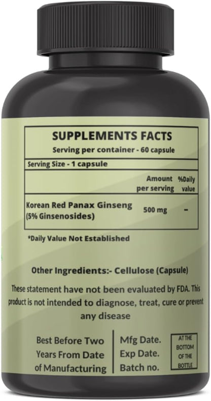 Panax Ginseng Capsule 500 MG Per Serving Energy, Serving for Mood, Cognitive Function and Energy Support, Non-GMO (Pack of 120 Capsule)