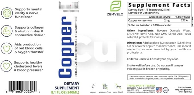 Liquid Ionic Chelated Copper | Natural Elixir for Healthy Connective Tissue | Healthy Hair, Skin, Nails & Collagen | Healthy Iron Levels | Mood Balance | 3 Month Supply