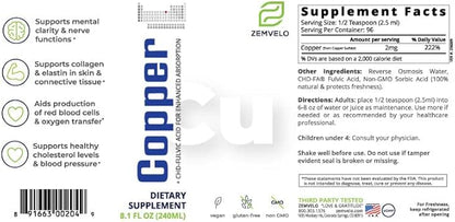 Liquid Ionic Chelated Copper | Natural Elixir for Healthy Connective Tissue | Healthy Hair, Skin, Nails & Collagen | Healthy Iron Levels | Mood Balance | 3 Month Supply