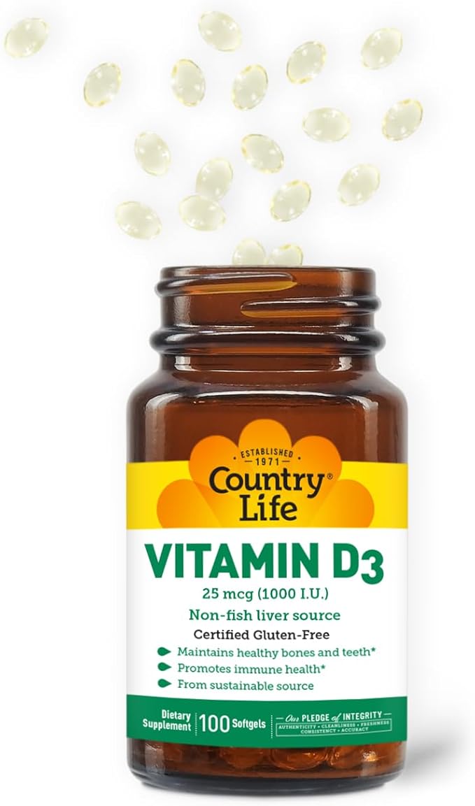 Country Life Vitamin D3, Non-Fish 1000 IU, 100 Softgels, Certified Gluten Free
