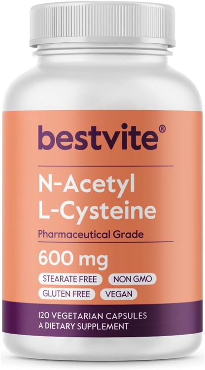 BESTVITE N-Acetyl L-Cysteine (NAC) 600mg Per Capsule (120 Vegetarian Capsules) - No Stearates - Vegan - No Fillers - No Silica - No Gelatin - Gluten Free - Non GMO
