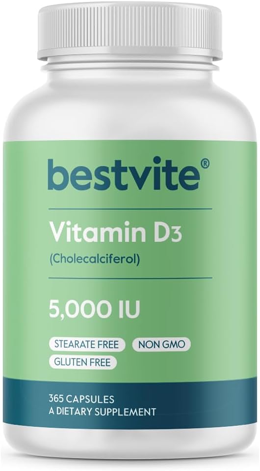 BESTVITE Vitamin D3 5000 IU (365 Capsules) - No Stearates - Non GMO - Gluten Free - 1 Year Supply of Vitamin D