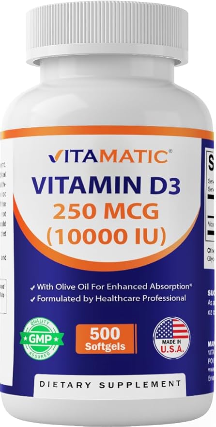 Vitamatic Vitamin D3 10000 IU (250 mcg) - 500 Softgels (Olive Oil Based), Non-GMO, Gluten Free in Cold-Pressed Mini Softgels