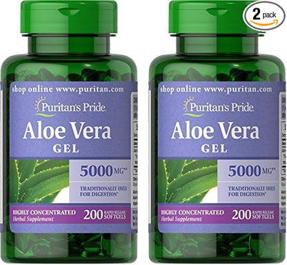 Puritan's Pride Aloe Vera Extract 25mg (5000mg Equivalent) Softgels, 200 Count (Packaging May Vary) (Pack of 2)
