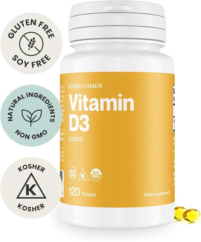 Better Way Health™ - High Potency Vitamin D3 Supplement - Immune & Bone Health Support - Non-GMO & Dairy-Free - 5,000 IU/120 Softgels