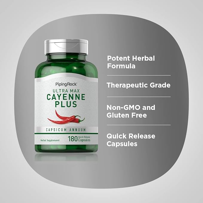 Piping Rock Cayenne Pepper Capsules | 180 Count | Capsicum Annuum | Plus Ginger and Hawthorn Berry | Herbal Supplement | Non-GMO, Gluten Free