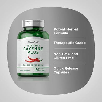 Piping Rock Cayenne Pepper Capsules | 180 Count | Capsicum Annuum | Plus Ginger and Hawthorn Berry | Herbal Supplement | Non-GMO, Gluten Free