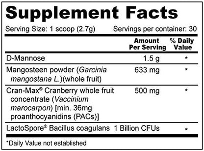 Vital UT Powder with D-Mannose, Cran-Max Cranberry, LactoSpore Probiotic for Urinary Tract and Bladder Health, 36mg PACs and 1 Billion Spore Probiotics Per Scoop (30 Servings)