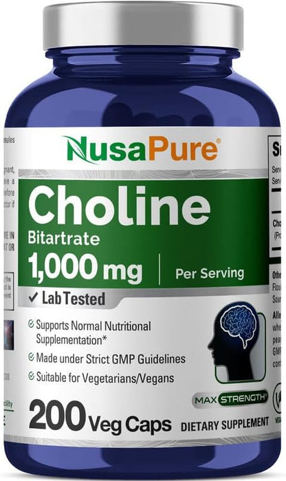 NusaPure Choline Bitartrate 1000 mg 200 Veggie Capsules (Vegetarian, Non-GMO)