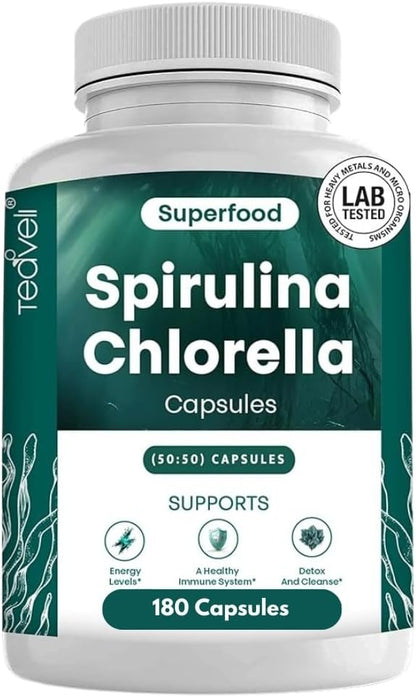 Organic Spirulina and Chlorella Capsules – 180 Chlorophyll Pills, Blue Green Algae Powder Capsules to Support Detox, Mitochondria & Energy– 3X More Chlorella Spirulina Powder/Serving