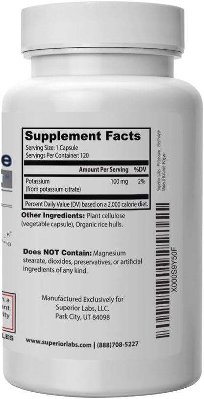 Superior Labs - Potassium Citrate NonGMO Supplement - 100 mg Dosage, 120 Vegetable Capsules - Maintains Overall Health - Supports Kidney Function - Electrolyte Mineral Balance