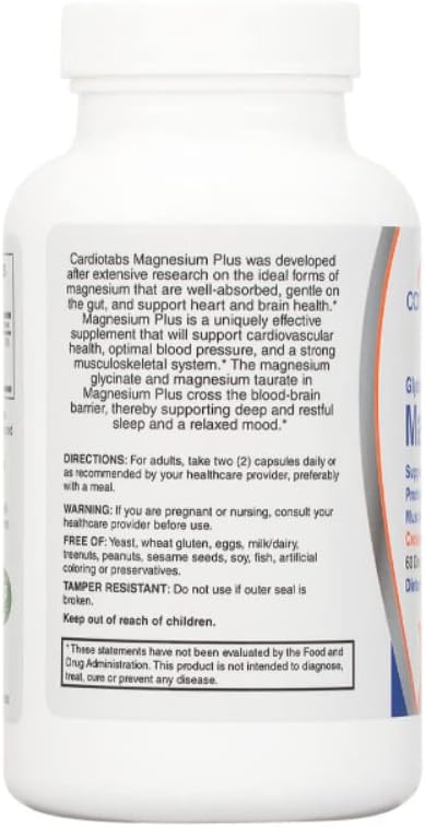 Magnesium Plus – 200 mg of Magnesium Glycinate and Magnesium Taurate for Blood Pressure, Heart, Brain, Sleep & Mood Support – Highly Concentrated and Well Absorbed - 120 Capsules