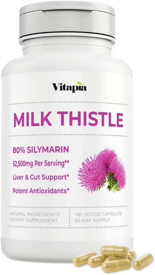 Organic Milk Thistle Supplement 70:1 Extract, 80% Silymarin, Liver Cleanse Detox & Repair, Liver Health Support, Antioxidants - 180 Vegan Capsules, Non-GMO, Gluten-Free