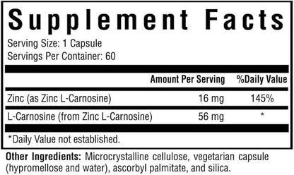 Seeking Health Zinc Carnosine, 16 mg Zinc L-Carnosine, Supports Healthy Immune System and Digestive Health, Antioxidant, Vegetarian and Vegan (60 Capsules)*