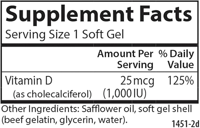 Carlson - Vitamin D3, 1000 IU (25 mcg), Bone Health, Muscle Health, Cholecalciferol, Vitamin D Supplements, Vitamin D3 Soft Gels, 100 Softgels