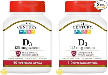 21st Century Healthcare Vitamin D3 125 mcg (5,000 IU) Rapid Release Softgels, 110 Count (Pack of 2)