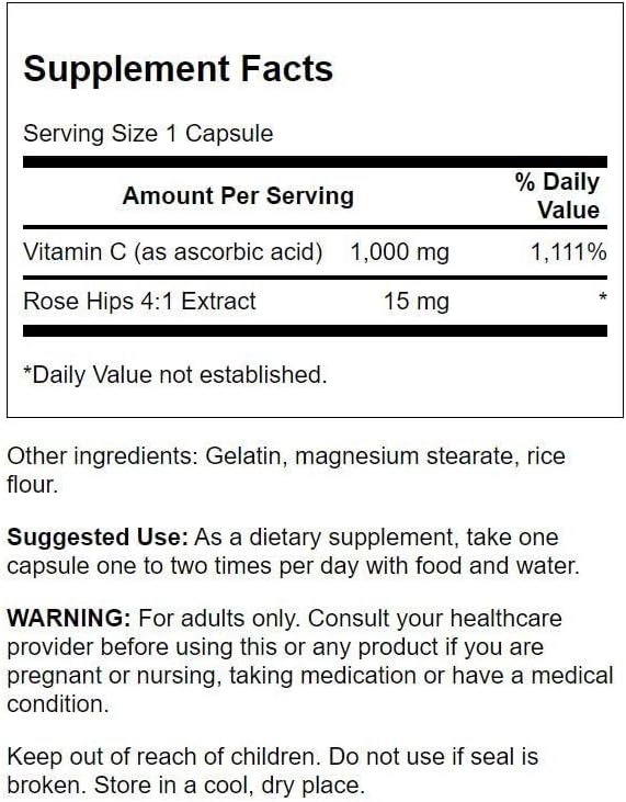 Swanson Vitamin C w/Rose HIPS - Herbal Supplement Promoting Skin Health, Heart Health & Immune System Support - Natural Formula Promoting Protection & Wellness - (90 Capsules, 1000mg Each)