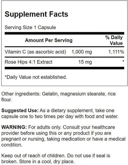 Swanson Vitamin C w/Rose HIPS - Herbal Supplement Promoting Skin Health, Heart Health & Immune System Support - Natural Formula Promoting Protection & Wellness - (90 Capsules, 1000mg Each)