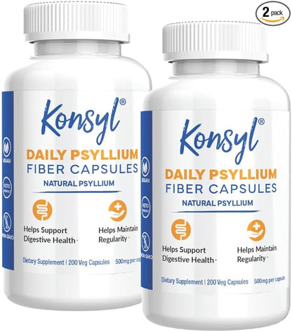 Konsyl Daily Psyllium Fiber Capsules - Contains 1500mg of All-Natural Psyllium Husk Powder per Serving - Supports Digestive Health and Weight Management Goals+ (200 Count (Pack of 2), Psyllium Husk)