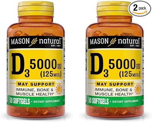 MASON NATURAL Vitamin D3 125 mcg (5000 IU) - Supports Overall Health, Strengthens Bones and Muscles, from Fish Liver Oil, 50 Softgels (Pack of 2)