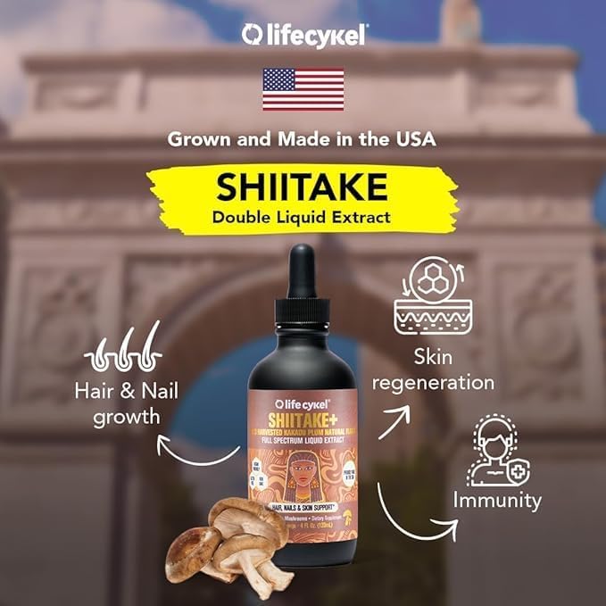 Lifecykel - Shiitake Mushroom Extract with Kakadu Plum - Advance Organic Mushroom Supplement for Hair, Nail and Skin - Potent Vitamin C Immune Boost for Adults - 4 Fl Oz