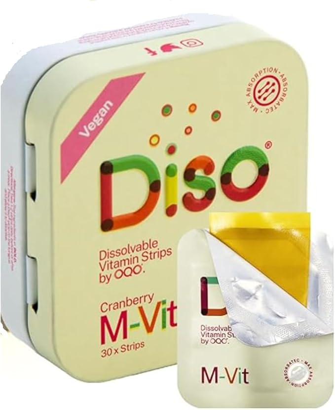 DISO - M-VIT - Multivitamin Dissolvable Oral Supplement Strips (melt in Your Mouth), Cranberry Flavor, Vegan, Sugar Free, High Absorption, Gluten Free, Individually Wrapped, 30 Count