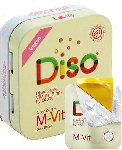 DISO - M-VIT - Multivitamin Dissolvable Oral Supplement Strips (melt in Your Mouth), Cranberry Flavor, Vegan, Sugar Free, High Absorption, Gluten Free, Individually Wrapped, 30 Count