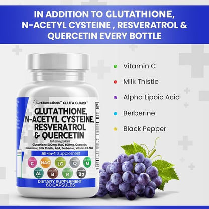 Clean Nutraceuticals Glutathione 500mg Supplement with Vitamin C N Acetyl Cysteine 600mg Berberine 1000mg Resveratrol Quercetin Alpha Lipoic Acid - Reduced L Glutathion Free Form Women 60 Ct USA Made