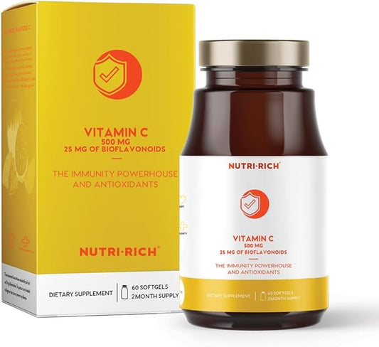 Nutri-Rich Vitamin C Supplement Ascorbic Acid 500mg for Adults, 25 mg Bioflavonoids, Immune Support Vitamin, Antioxidant Support, Gluten Free, 60 Softgels, 2 Month Supply