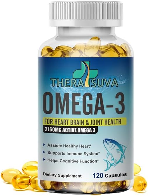 Triple Strength Omega-3 2160mg + EPA 1296mg + DHA 864mg + Natural Supplement for Healthy Heart/Brain Support, 120 Softgels, 60 Day Supply