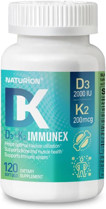 D3+K2 IMMUNEX – Vitamin D3 2000 IU, K1 25 mcg, K2 200 mcg, Zinc 6.25 mg, DK Blend 31 mg – Supports Immune Health, Calcium Metabolism, Bone & Muscle Function – 120 Softgels, 120-Day Supply