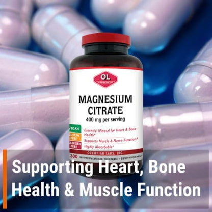 Olympian Labs Magnesium Citrate 400mg - 300 Capsules - Easy Absorbable, Supporting Healthy Bones, Healthy Heart and Calcium Absorption