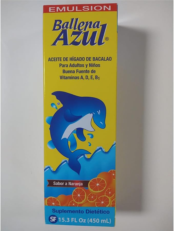 Ballena Azul Aceite de Hígado de Bacalao para Adultos y Niños, COD Liver Oil for Adults and Children, Good Source of Vitamins A,D,E, B1, Dietary Supplement, Omega 3, Inmune System Boost (ORANGE 15 OZ)