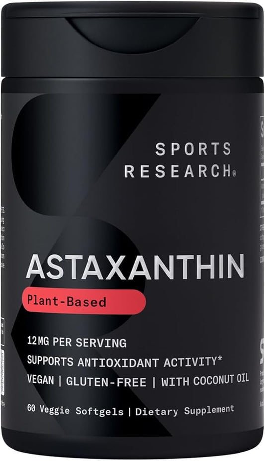 Sports Research Vegan Icelandic Astaxanthin 12mg with Organic Coconut Oil | Vegan Certified & Non-GMO Project Verified Dietary Supplement - 60 Veggie Softgels (2 Month Supply)