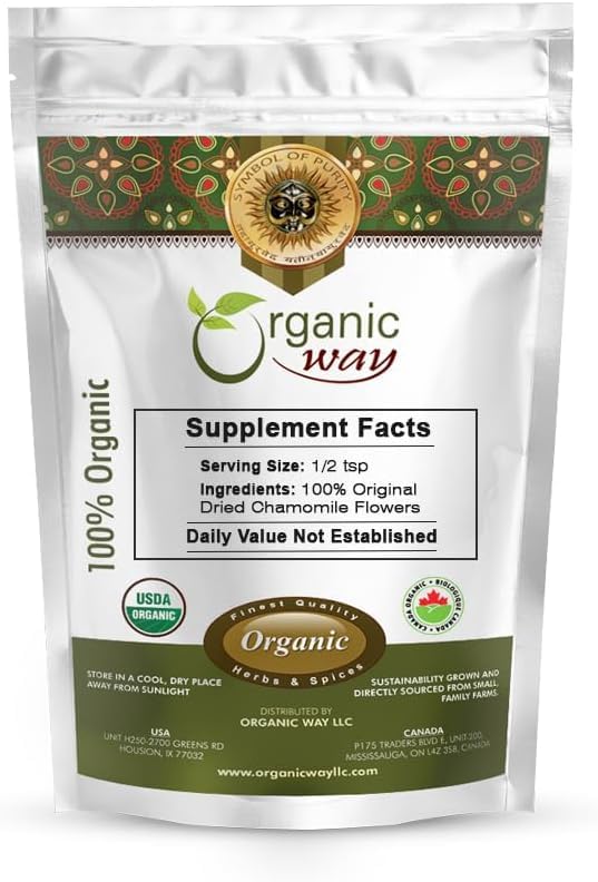Organic Way Chamomile Flower Whole (Matricaria chamomilla) - Herbal Tea | European Wild-Harvest | Kosher & USDA Certified | Vegan, Non-GMO & Gluten Free | 100% Raw from Albania (2Oz)