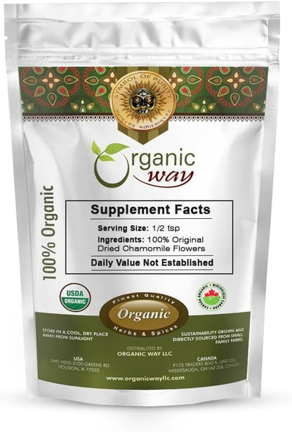 Organic Way Chamomile Flower Whole (Matricaria chamomilla) - Herbal Tea | European Wild-Harvest | Kosher & USDA Certified | Vegan, Non-GMO & Gluten Free | 100% Raw from Albania (2Oz)