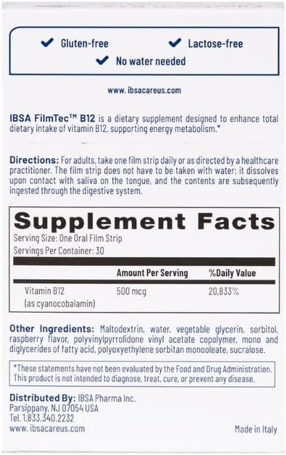 FilmTec B12 - Dietary Supplement – 500 mcg Vitamin B12-30 Oral Dissolving Films for Immediate Release and Tolerability - Gluten-Free, Lactose-Free, Sugar-Free, Non-GMO