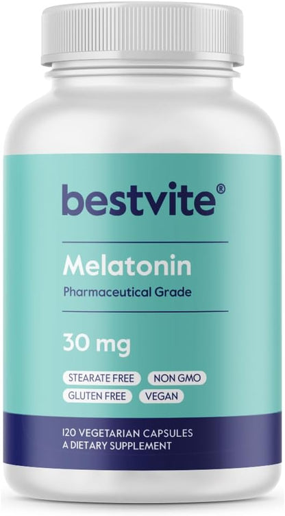 BESTVITE Melatonin 30mg (120 Vegetarian Capsules) - No Stearates - Vegan - Non GMO - Gluten Free - High Dose Melatonin
