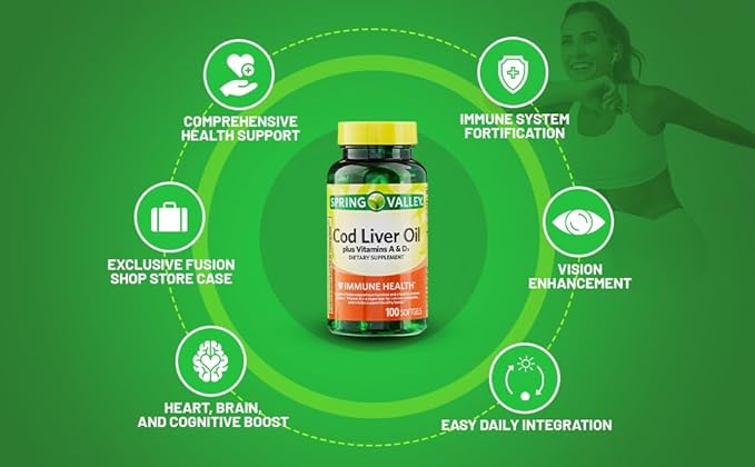 Spring Valley Cod Liver Oil Plus Vitamins A & D3, 100 softgels, Support Eye Function and a Healthy, Bundle with Vitamins & Minerals Ligth&Spring Guide