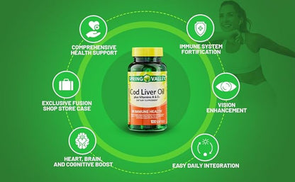 Spring Valley Cod Liver Oil Plus Vitamins A & D3, 100 softgels, Support Eye Function and a Healthy, Bundle with Vitamins & Minerals Ligth&Spring Guide